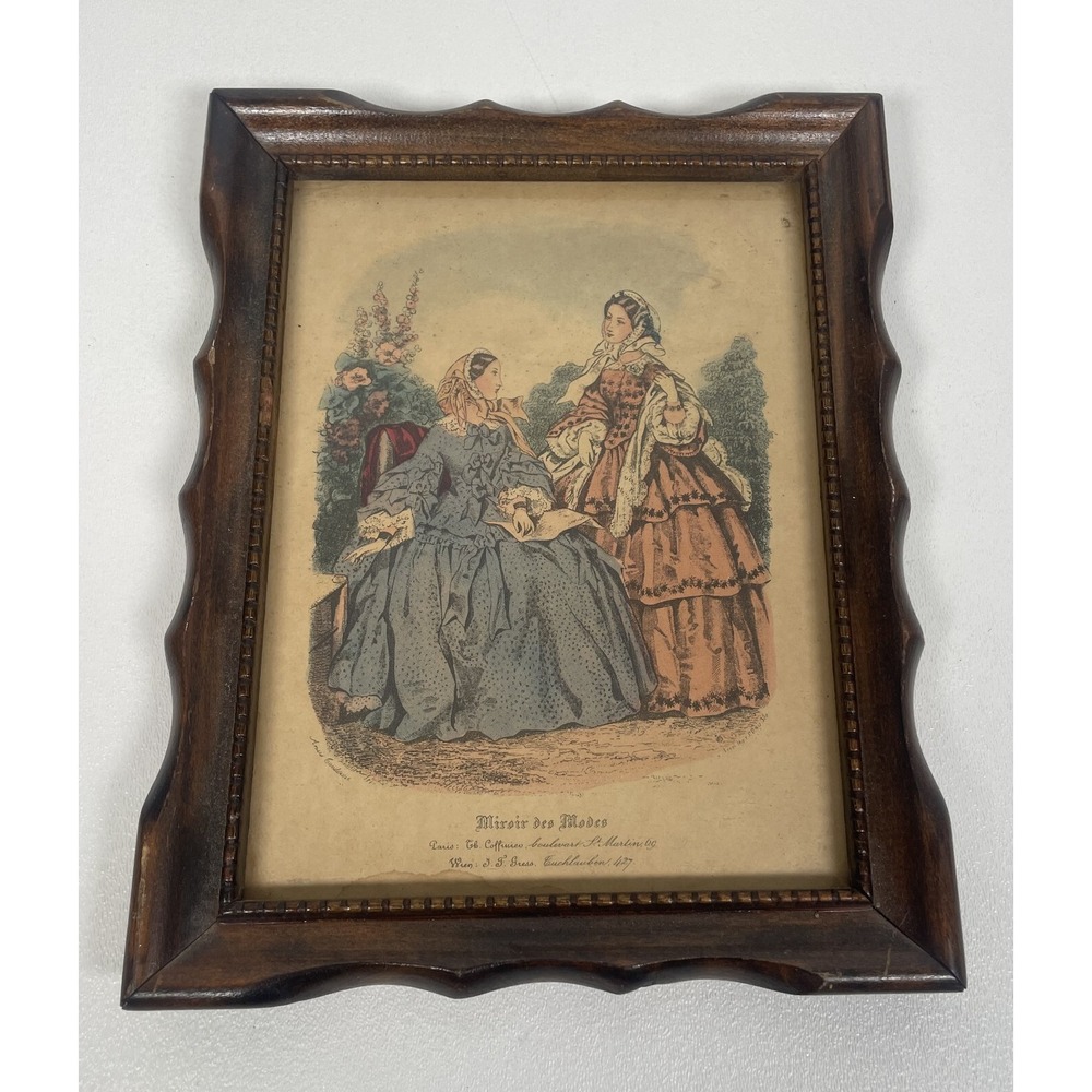 Antique Miroir des Modes Print in Ornate Wooden Frame - Victorian Ladies